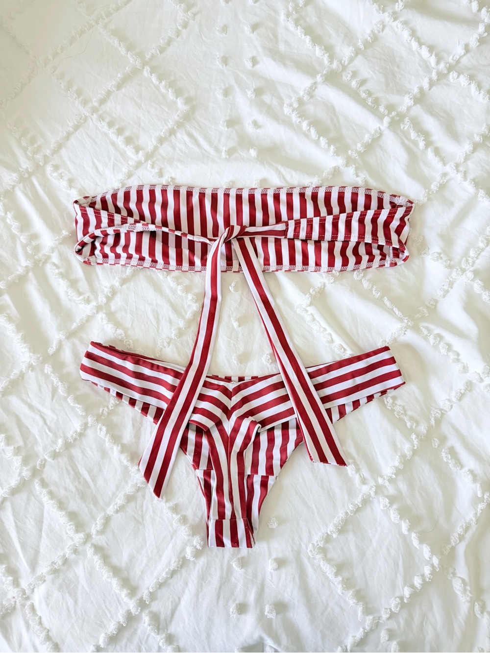 Red & White Striped Bandeau + Thong Bikini Set